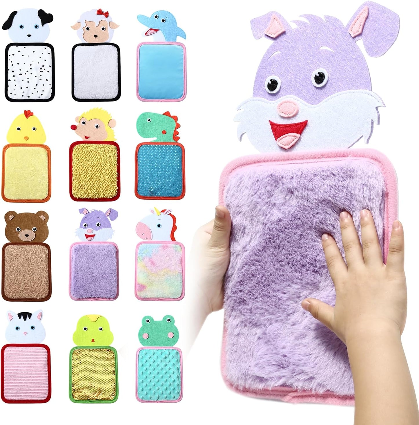 Plush animal-shaped Special Supplies sensory zoo animal mats with multiple textures for tactile stimulationwith various designs on a white background