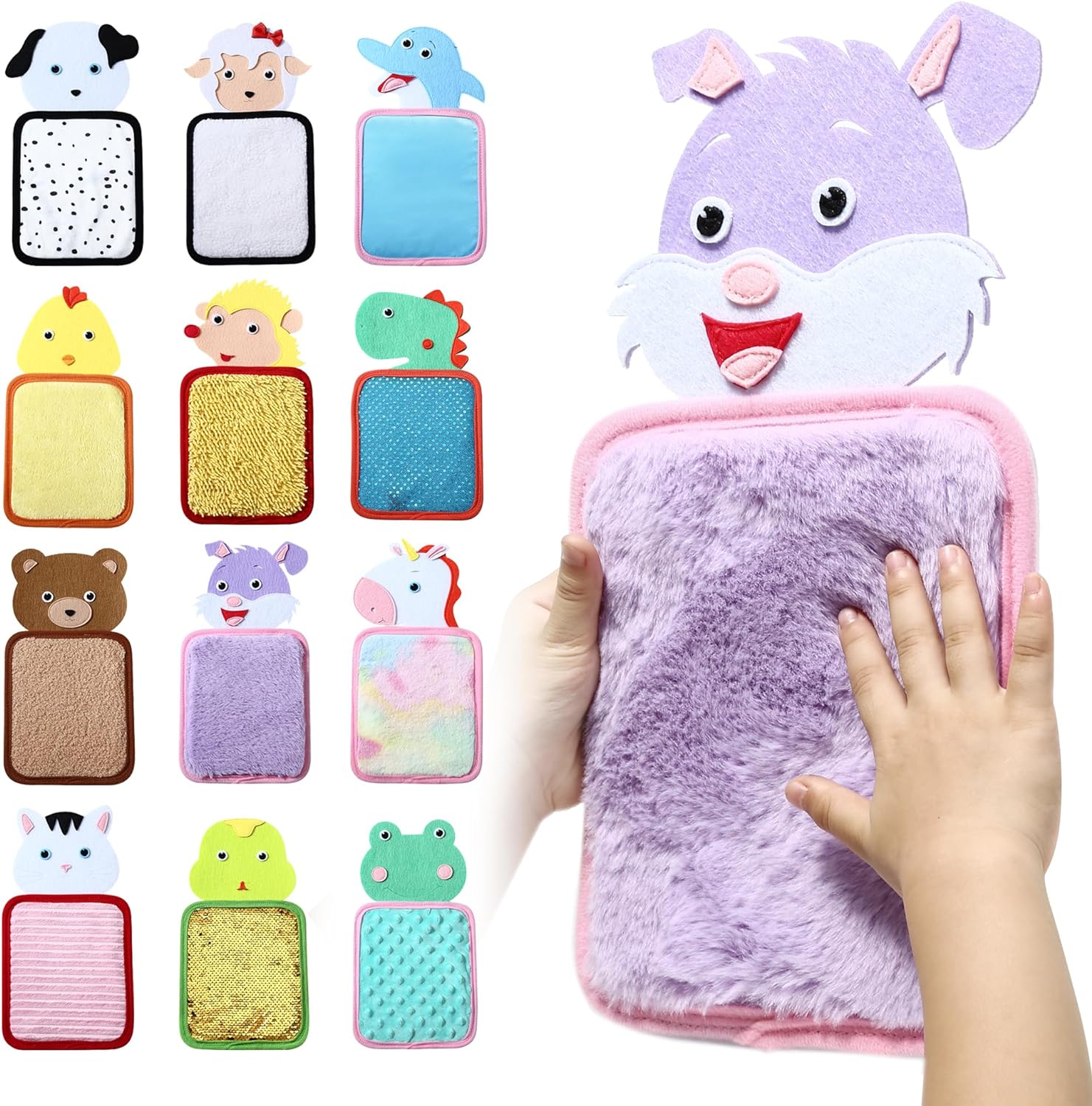 Plush animal-shaped Special Supplies sensory zoo animal mats with multiple textures for tactile stimulationwith various designs on a white background