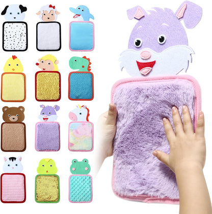 Plush animal-shaped Special Supplies sensory zoo animal mats with multiple textures for tactile stimulationwith various designs on a white background