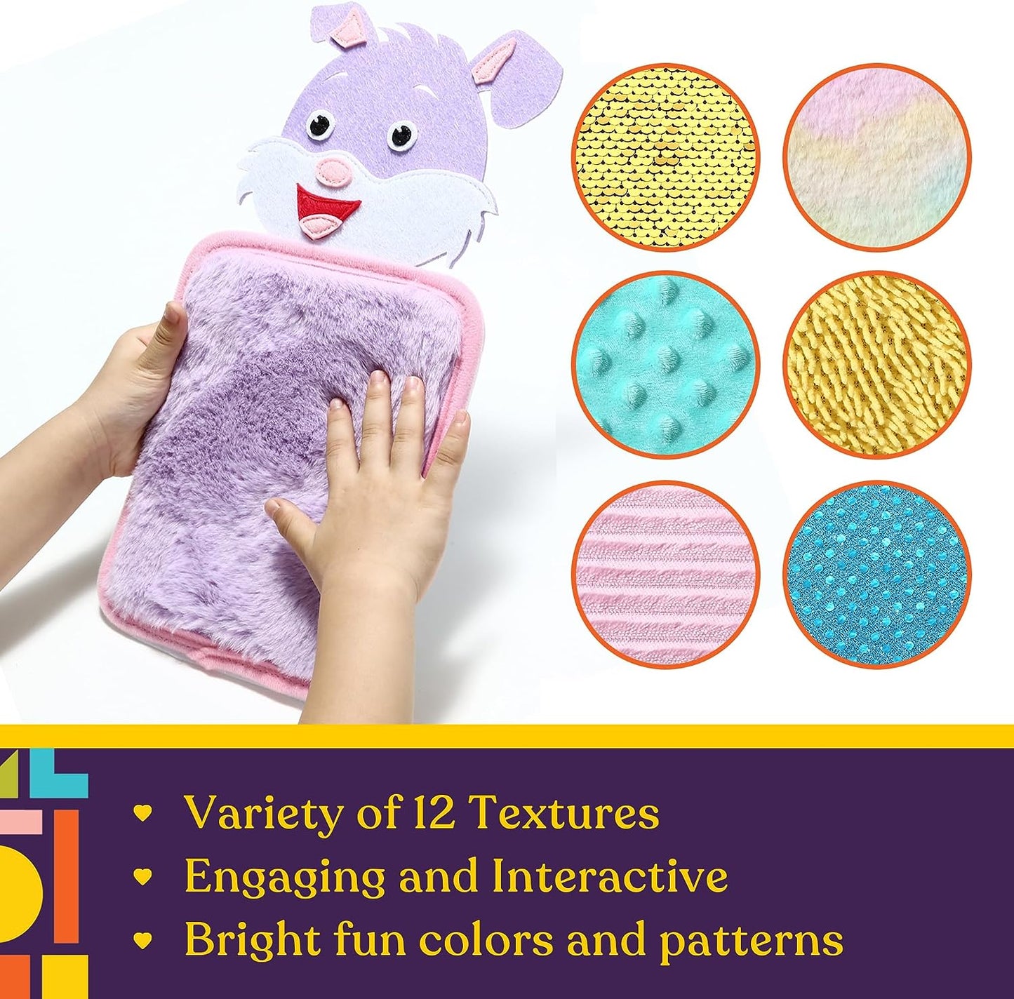 Plush rabbit toy with various textured surfaces and colorful patterns on a white background