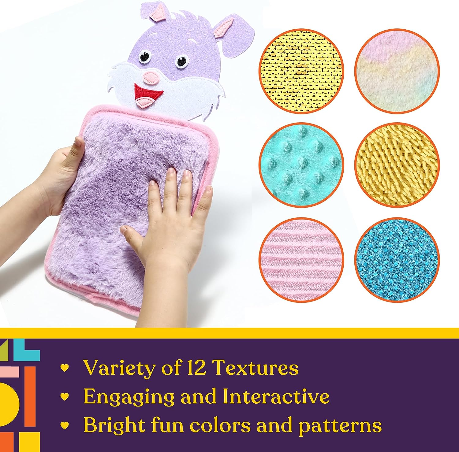 Plush rabbit toy with various textured surfaces and colorful patterns on a white background