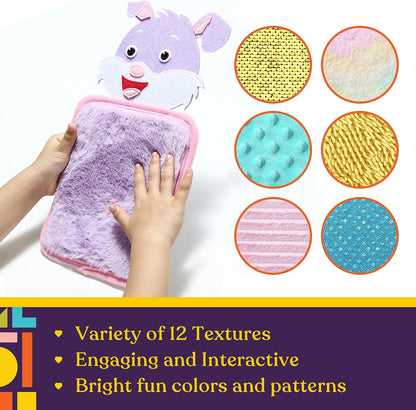 Plush rabbit toy with various textured surfaces and colorful patterns on a white background