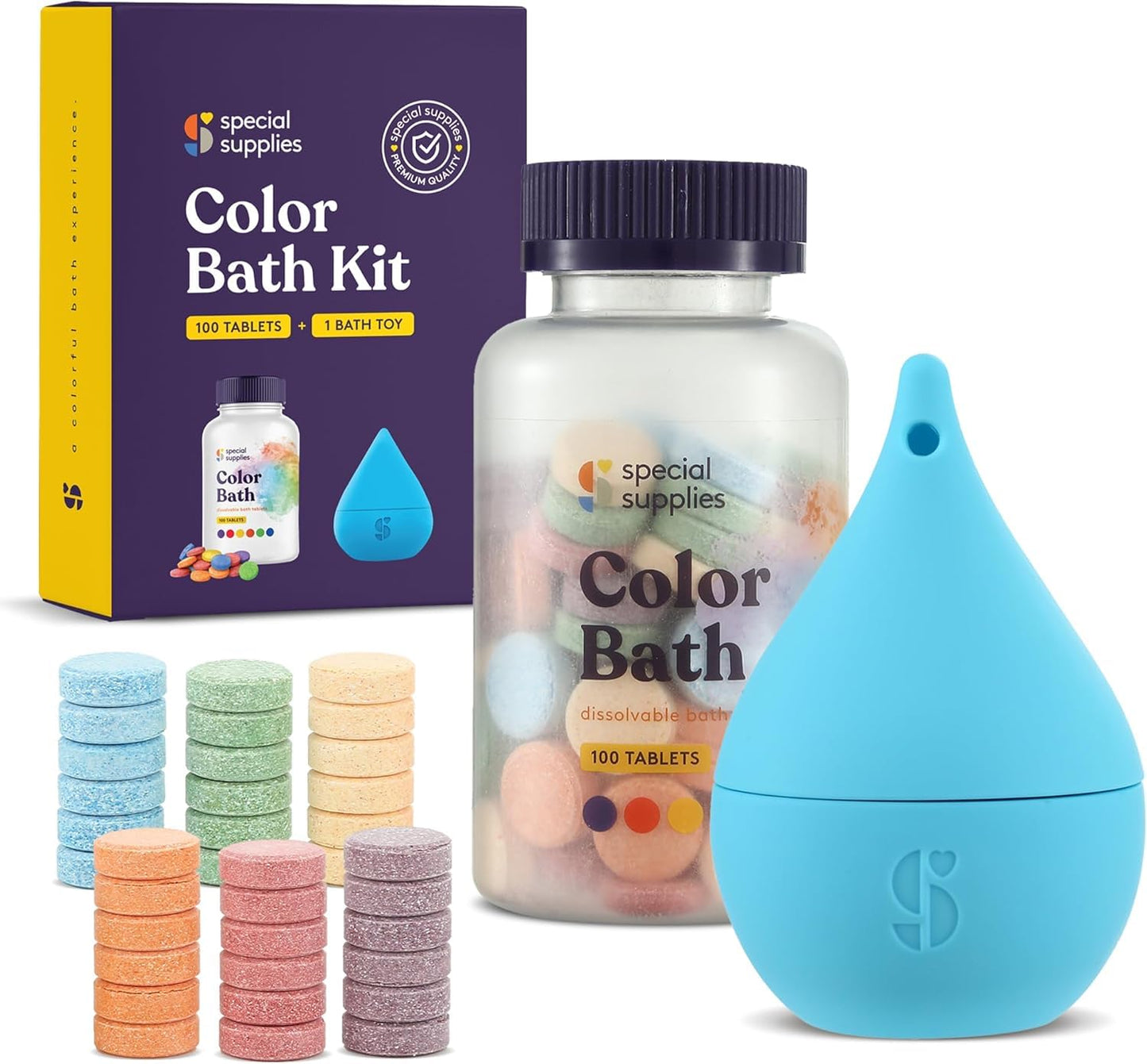 Color Bath Kit with tablets, container, and blue dropper by Special Supplies on a white background