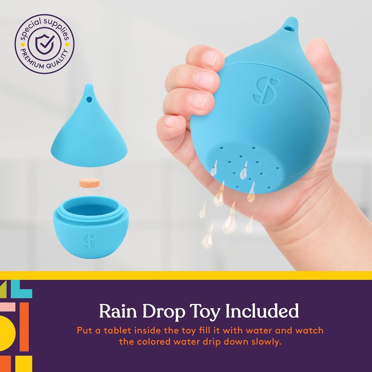 Blue silicone toy held in a hand with a 'Rain Drop Toy Included' text on a gray background