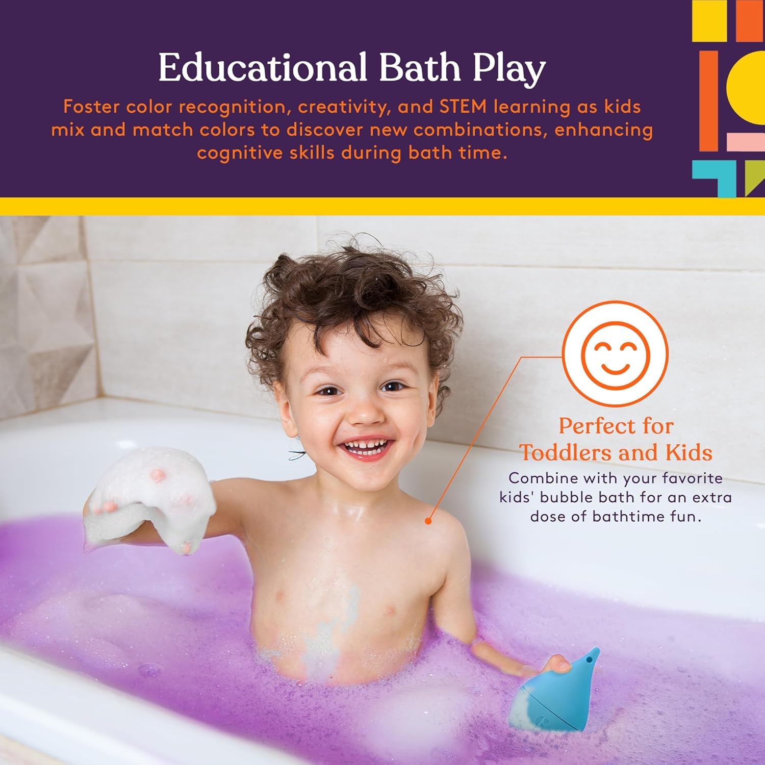 Child in a bathtub with bubbles, holding 
Silicone teardrop float toy included with Special Supplies bath color tablets with text about educational bath play.