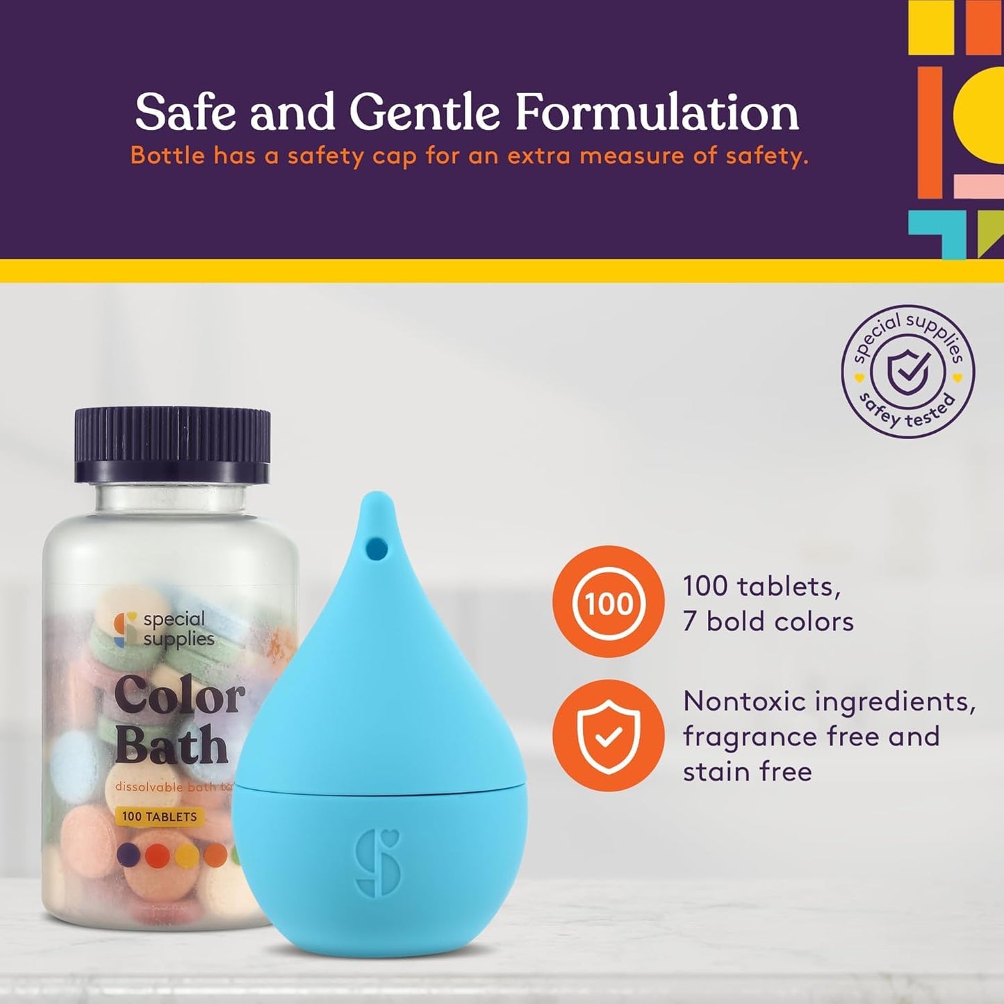 Blue bottle and packaging og Special Supplies color bath tablets with text about safe and gentle formulation on a white background