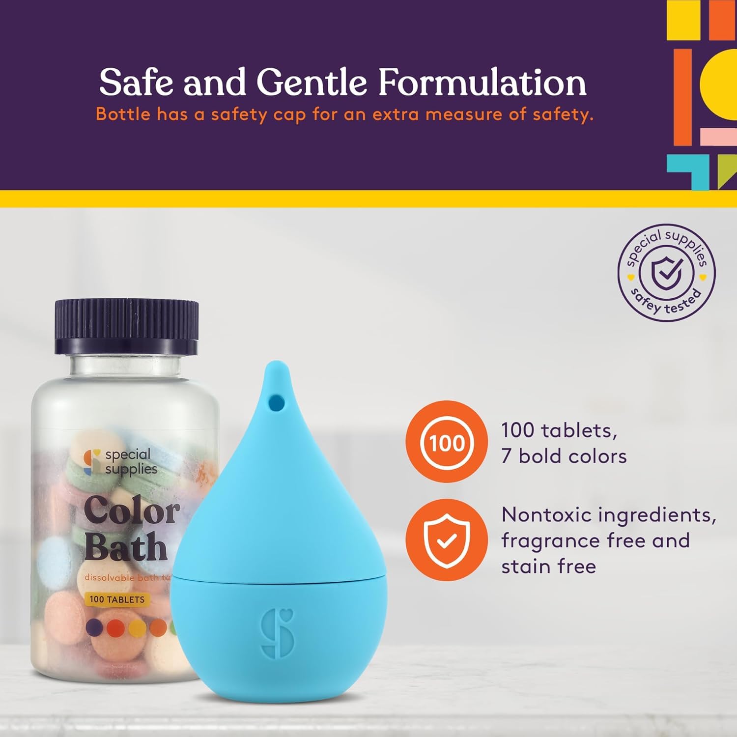 Blue bottle and packaging og Special Supplies color bath tablets with text about safe and gentle formulation on a white background