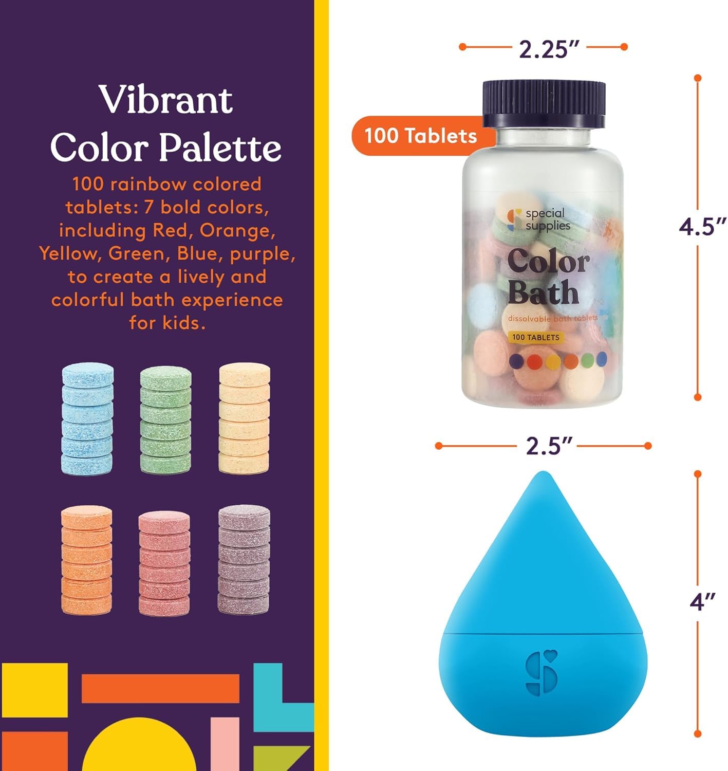 Color bath tablets with packaging and measurement details on a purple background
