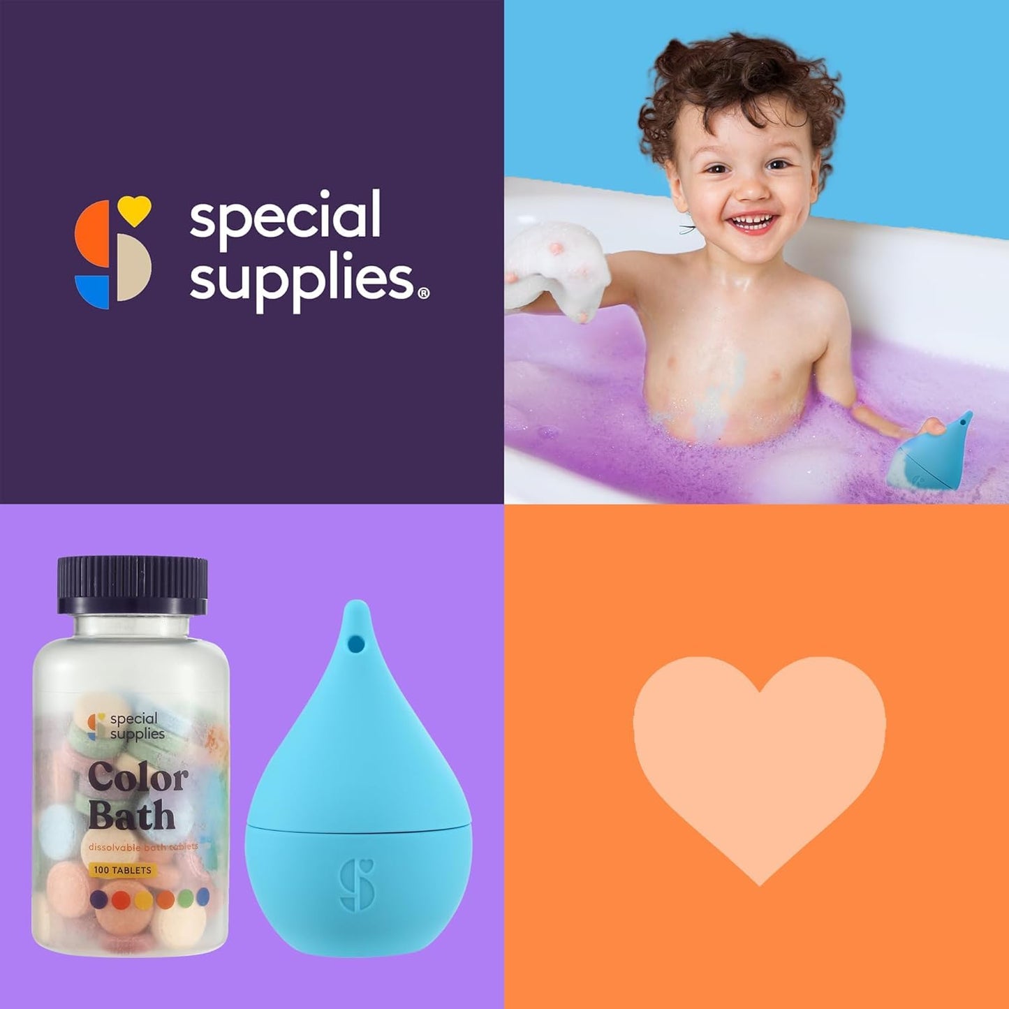 Promotional image for 'special supplies' with a child in a bath, bath products, and a heart symbol.