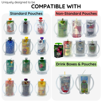 Product compatibility chart showing standard and non-standard pouches, drink boxes, and pouches.