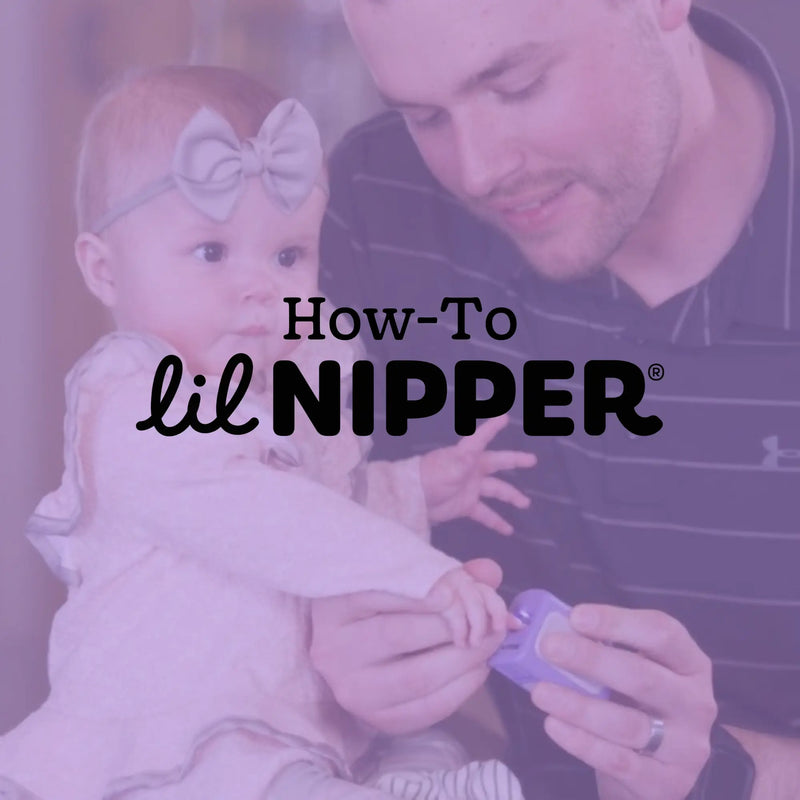Father using Lil Nipper infant electric nail clipper on baby - safe nail care tutorial for newborns and toddlers.