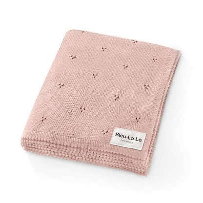Pink 'Bleu La La' baby blanket with 'Bleu La La' label on a white background