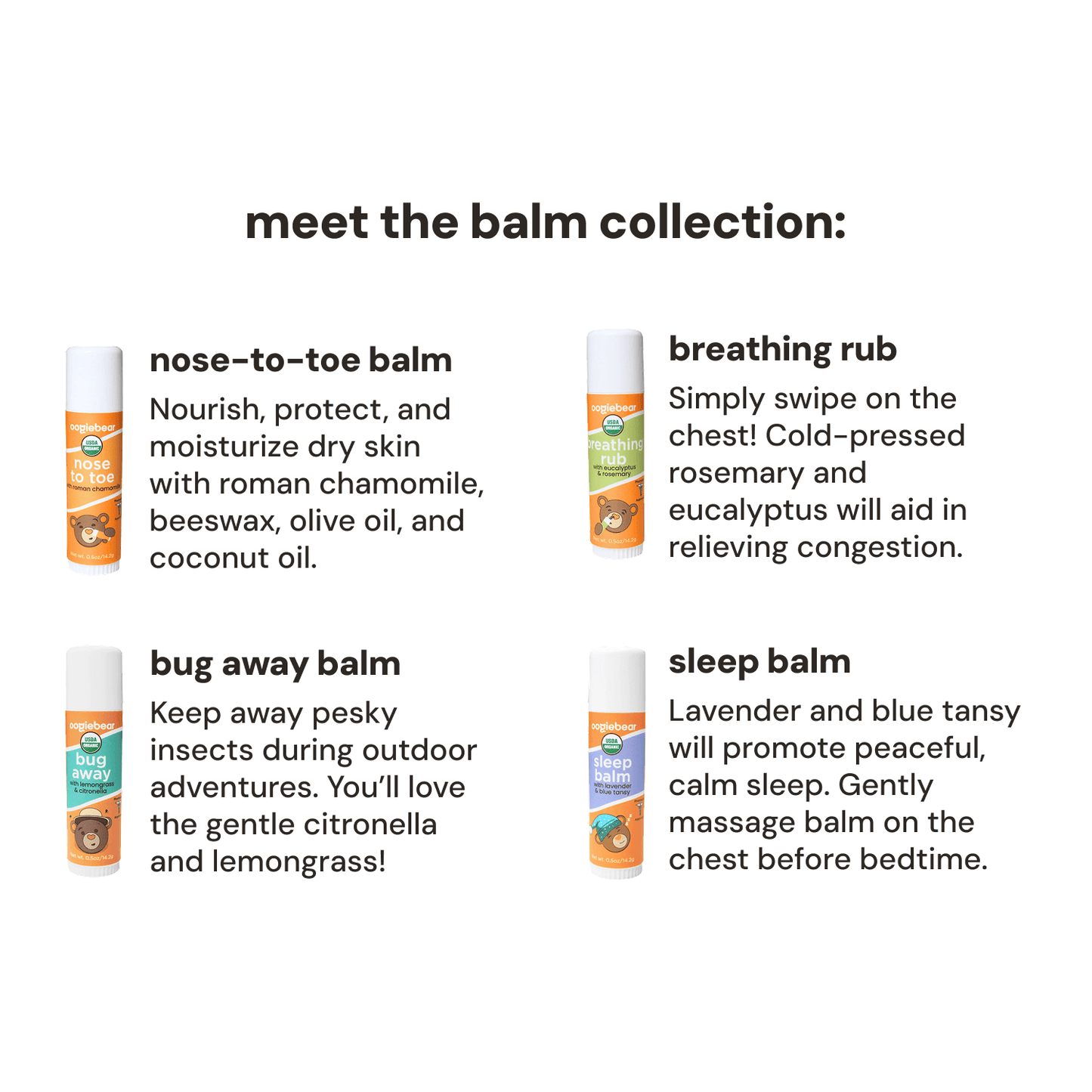 oogiebear 4-pack balm collection showing mess-free tube applicators and organic formulas