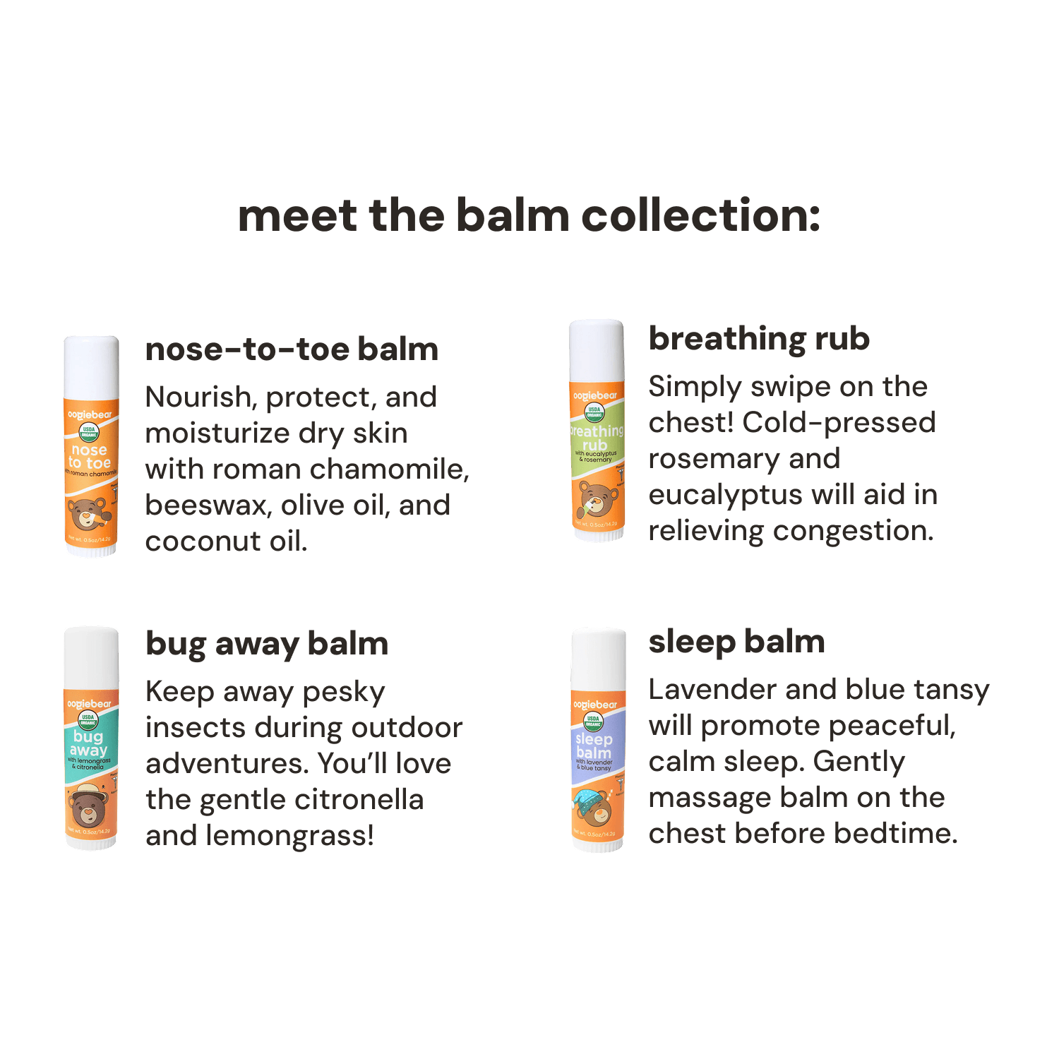 oogiebear 4-pack balm collection showing mess-free tube applicators and organic formulas