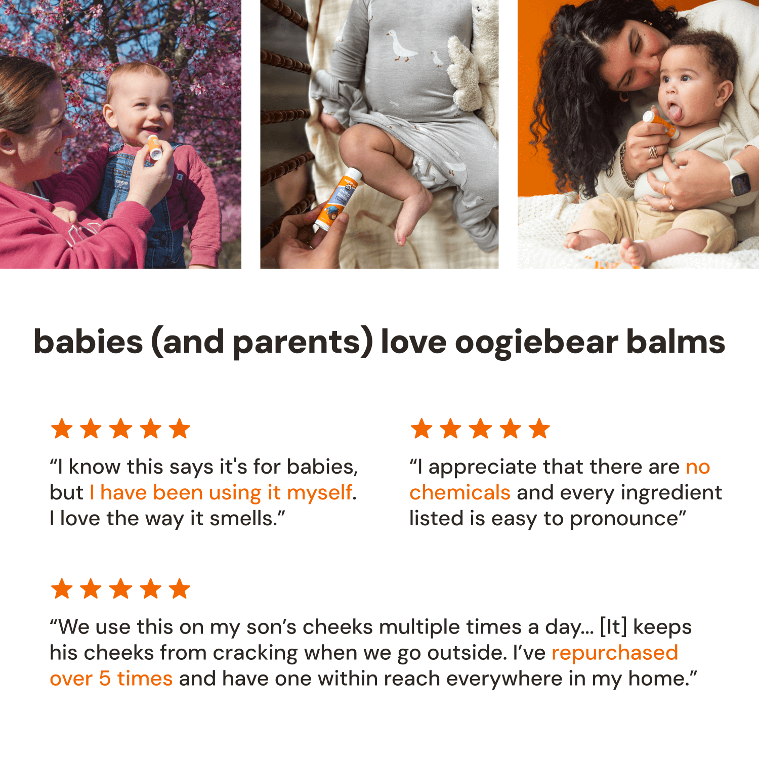 Promotional image for Oogiebear Balms featuring parents and babies with product usage, surrounded by reviews.