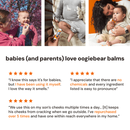Promotional image for Oogiebear Balms featuring parents and babies with product usage, surrounded by reviews.