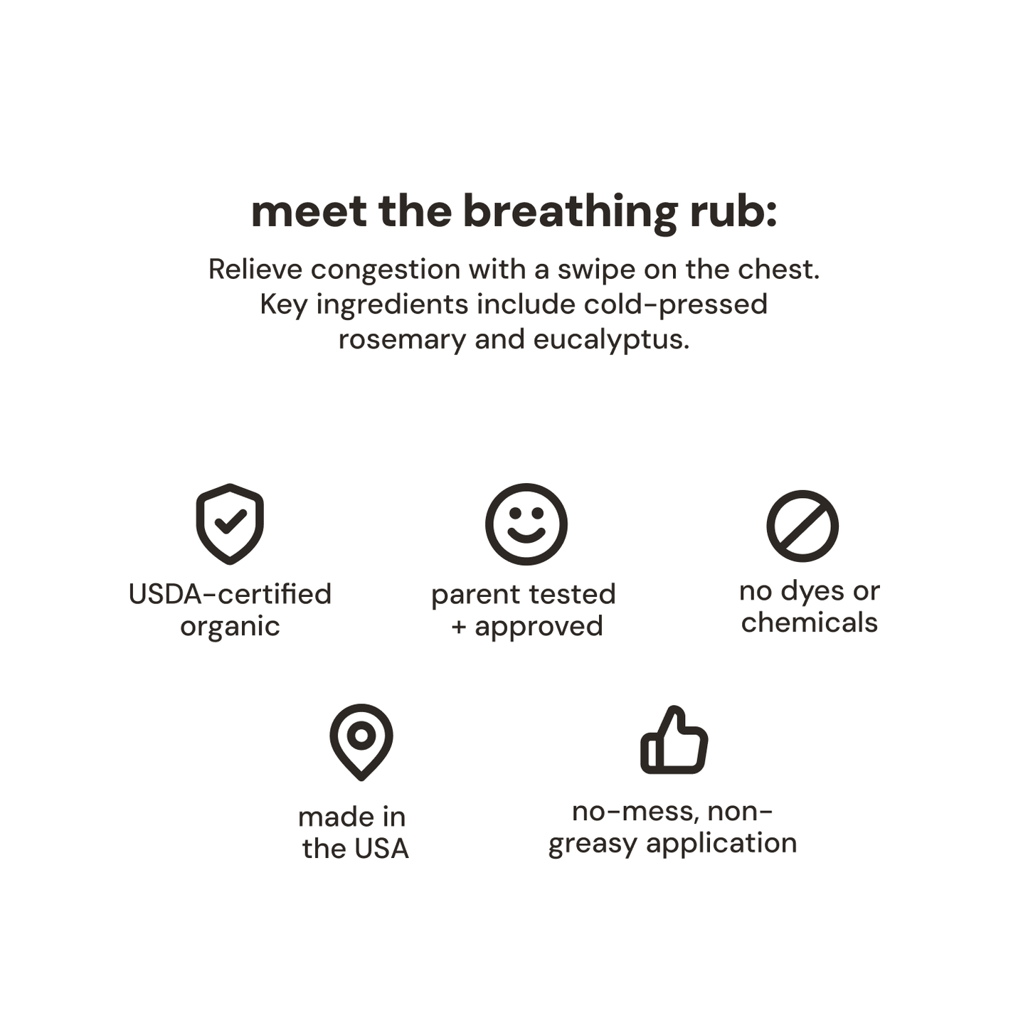 Product description with icons and text on a white background