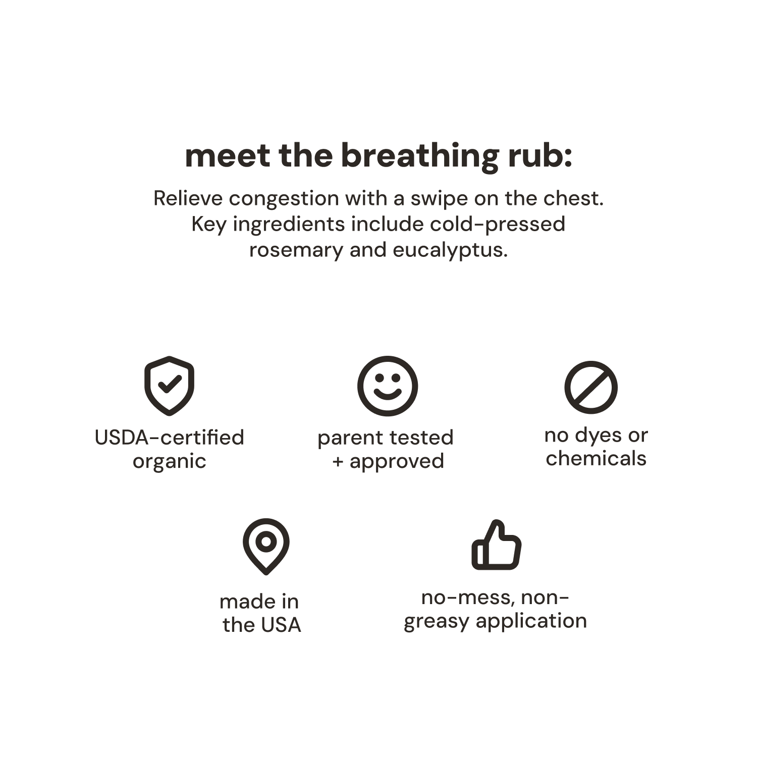 Product description with icons and text on a white background