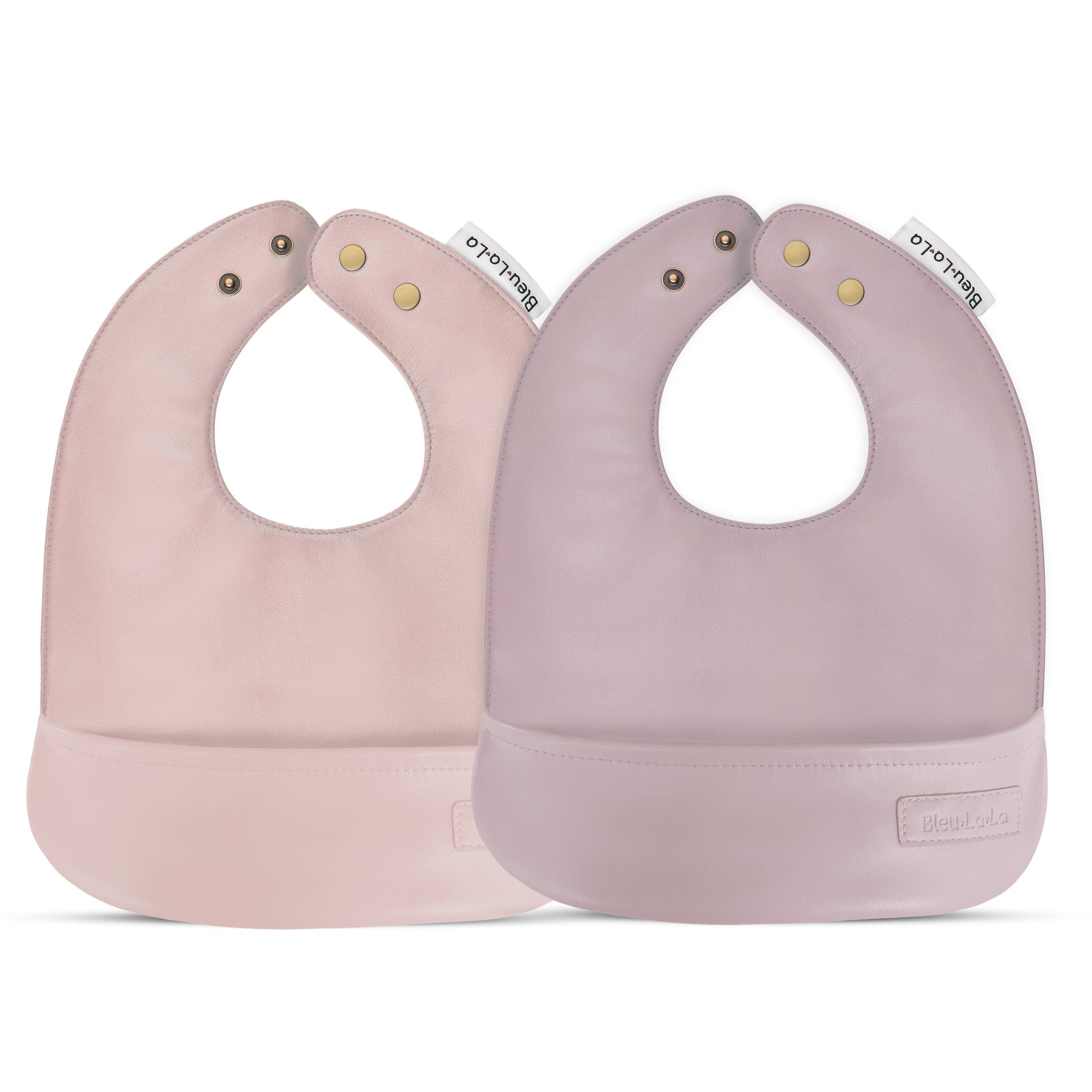 Two pink Classic set of soft vegan leather easy clean baby bibs with adjustable snaps on a white background