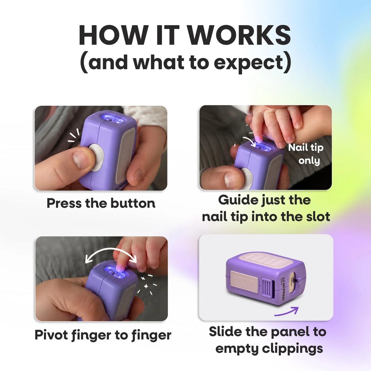 Infographic images showing a parent using a Infant Lil Nipper How it works.