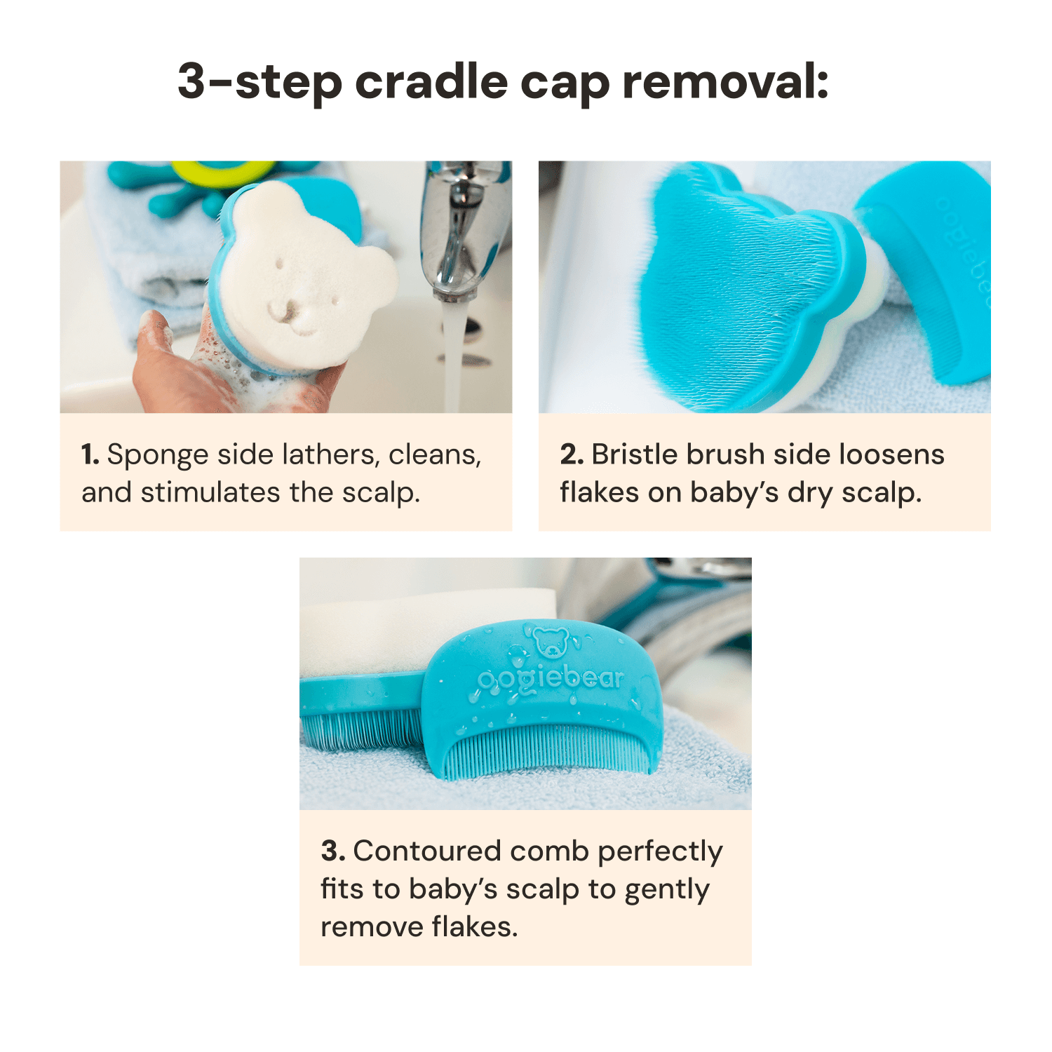 3-step cradle cap removal process with a baby grooming tool on a white background.