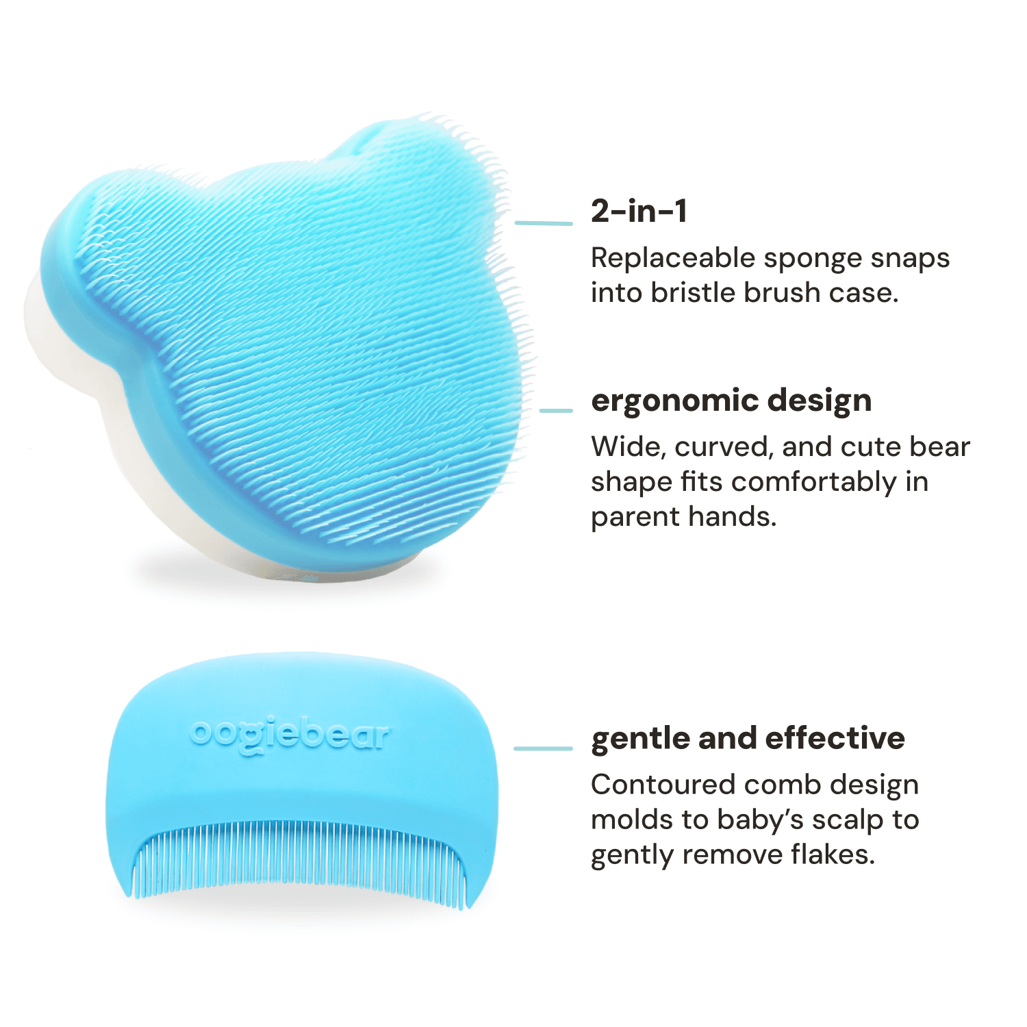 oogiebear cradle cap kit with soft sponge, silicone scalp massager and curved comb, with directions and explinations of items. 