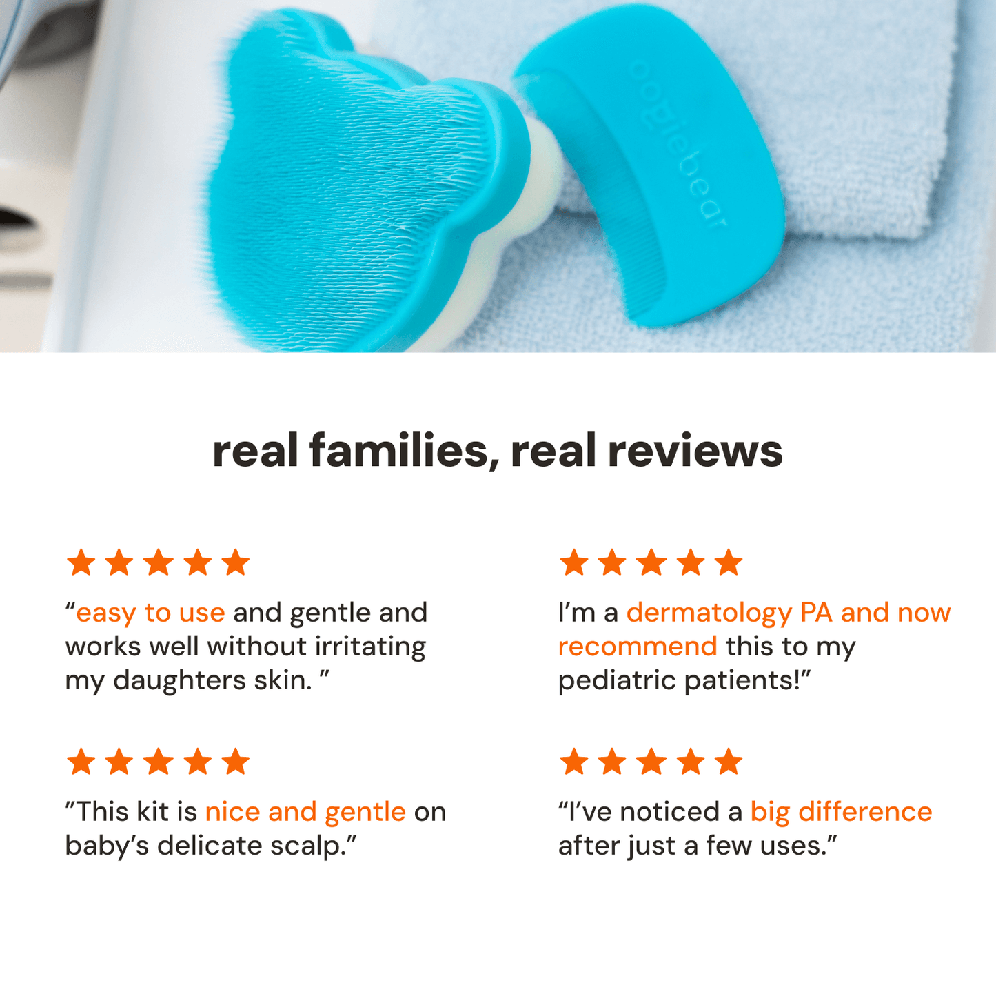 oogiebear cradle cap kit with a soft sponge, silicone scalp massager, and curved comb, along with a light blue towel, and customer reviews below.