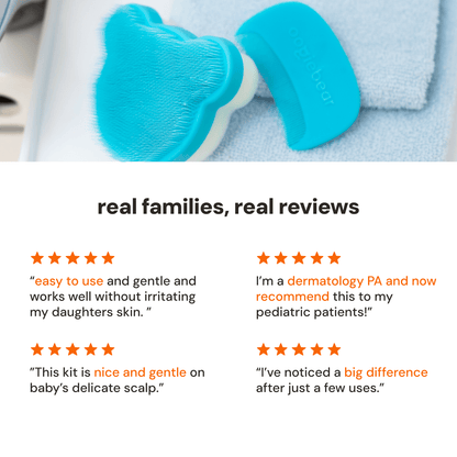 oogiebear cradle cap kit with a soft sponge, silicone scalp massager, and curved comb, along with a light blue towel, and customer reviews below.