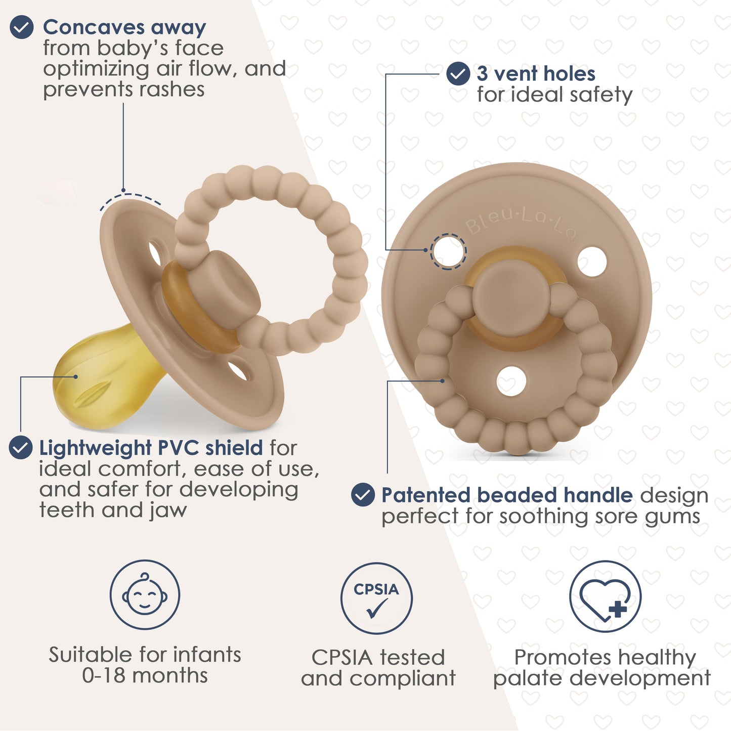 Beige and brown pacifiers with features highlighted on a white background