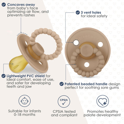 Beige and brown pacifiers with features highlighted on a white background