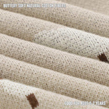 Close-up of luxury knit mushroom swaddle blanket showing soft texture and mushroom details