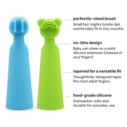 
oogiebear finger brush and tongue scraper 2-in-1 baby oral care tool with soft silicone bristles, one blue and one green, with text describing their features on a white background.