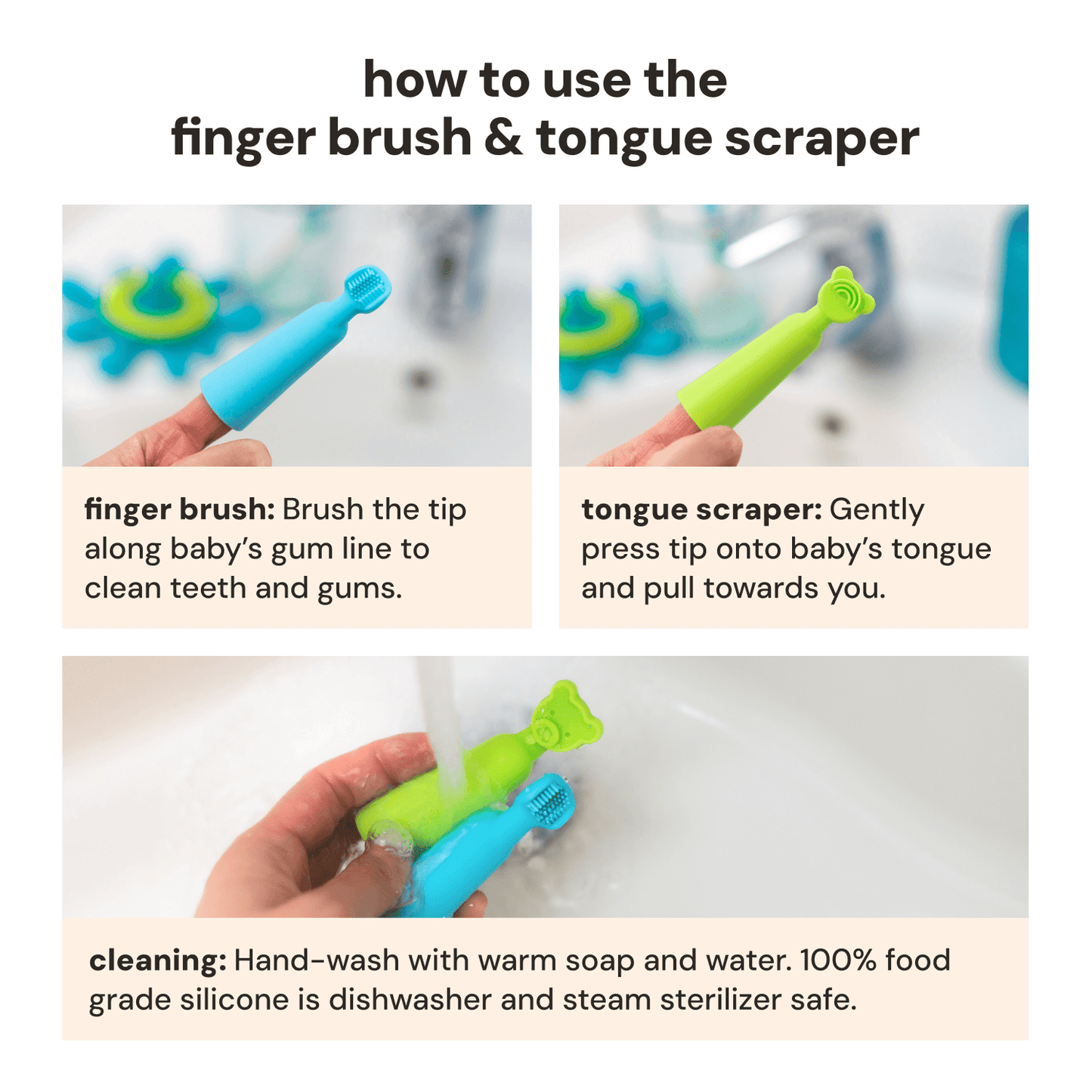 Instructions on how to use 
oogiebear finger brush and tongue scraper 2-in-1 baby oral care tool with soft silicone bristles, images and text.