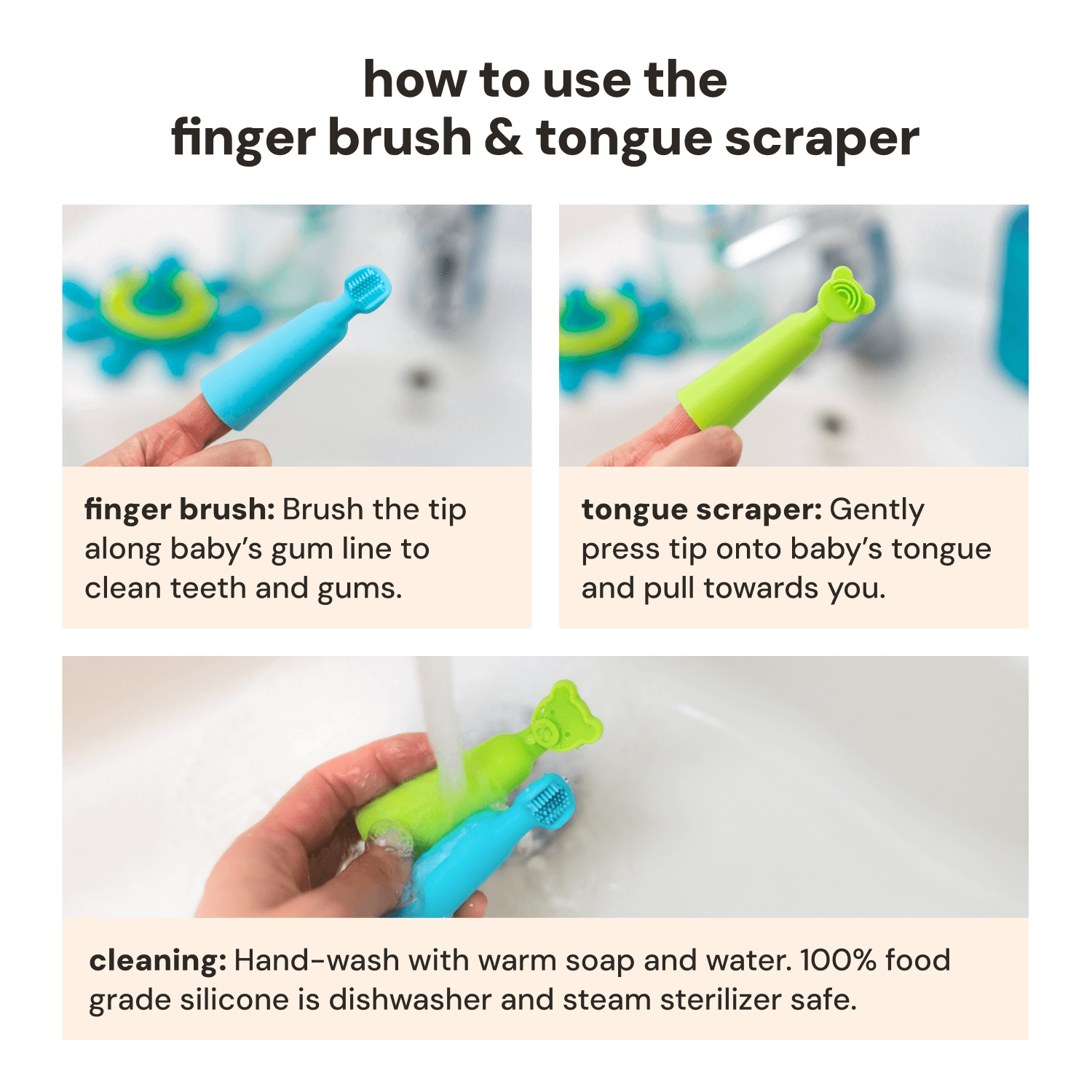 Instructions on how to use 
oogiebear finger brush and tongue scraper 2-in-1 baby oral care tool with soft silicone bristles, images and text.