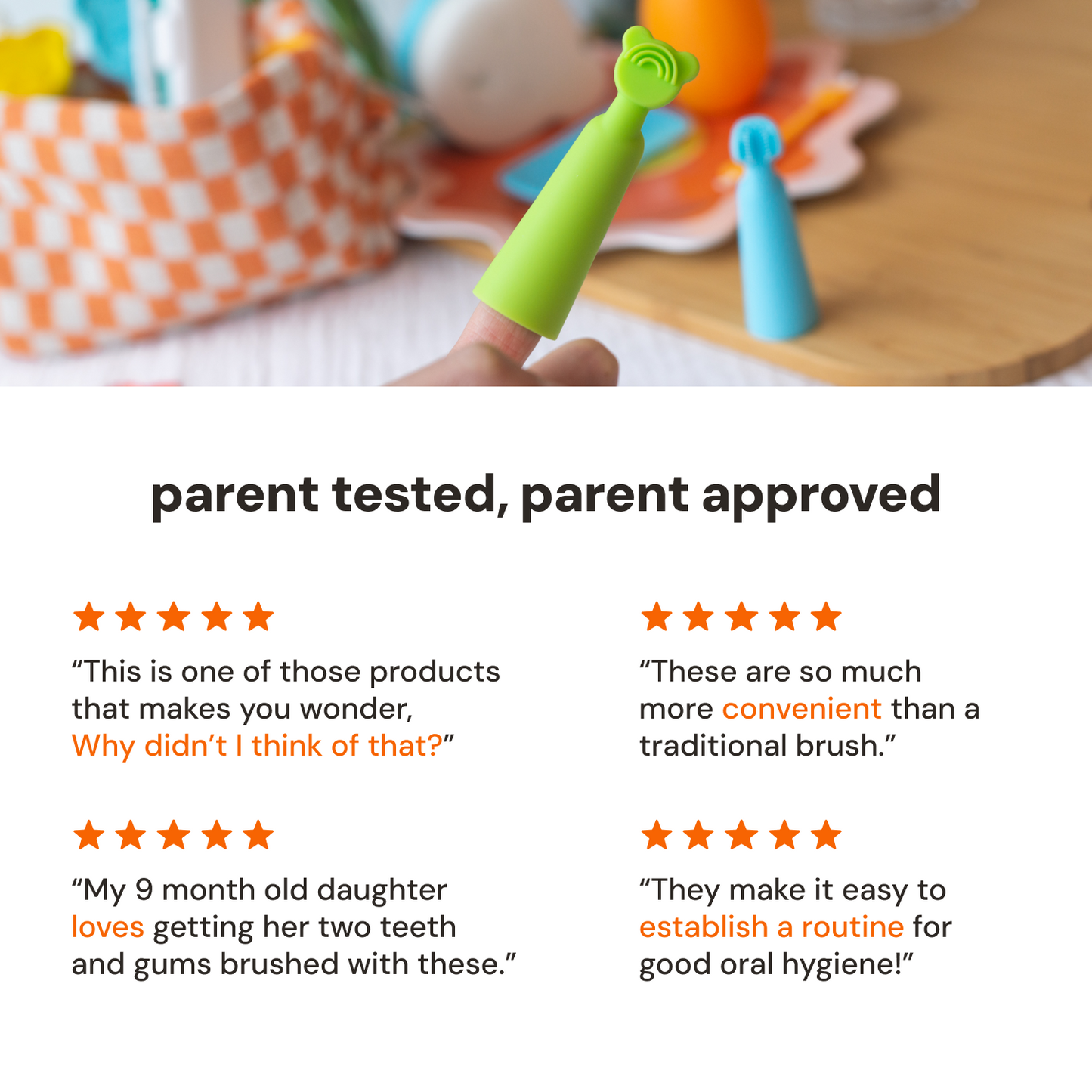 
oogiebear finger brush and tongue scraper 2-in-1 baby oral care tool with soft silicone bristles with text testimonials on a white background
