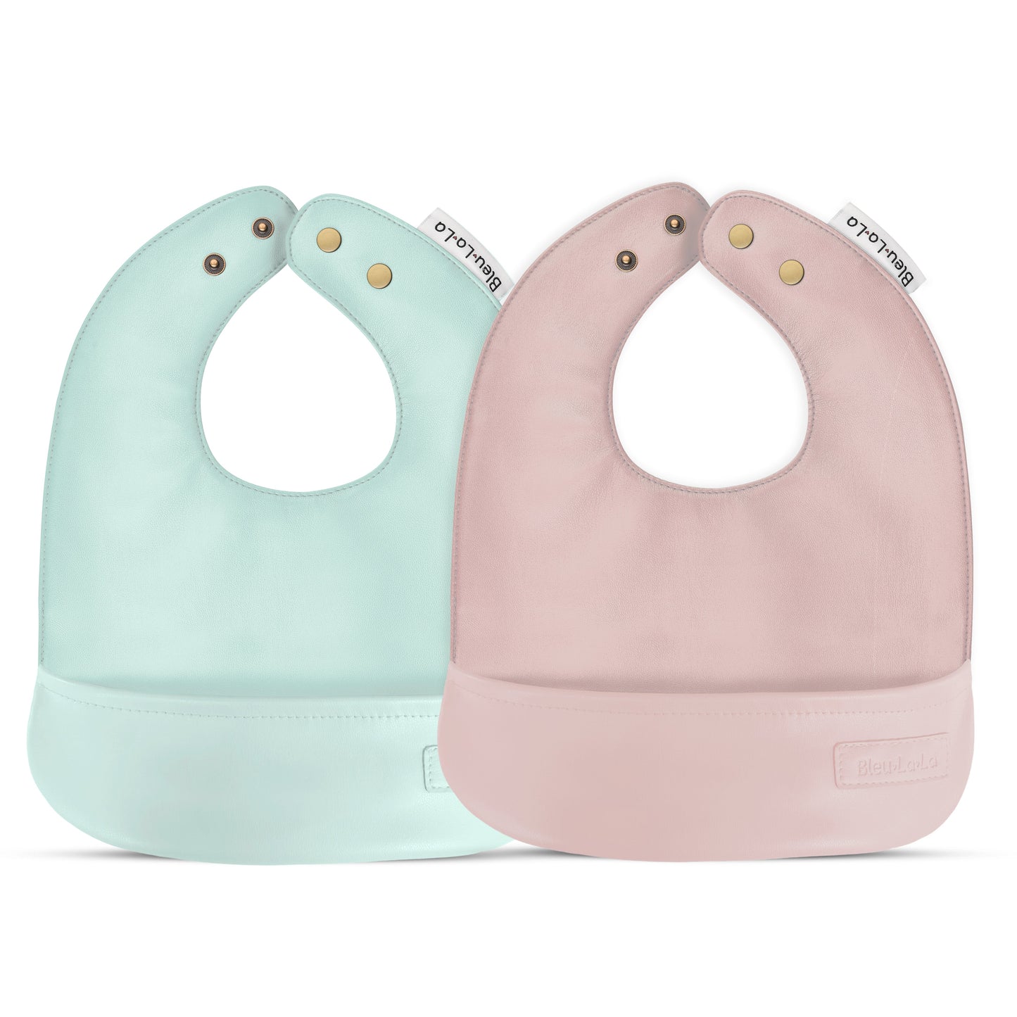 Classic set of soft vegan leather easy clean baby bibs with adjustable snaps one light blue and one pink