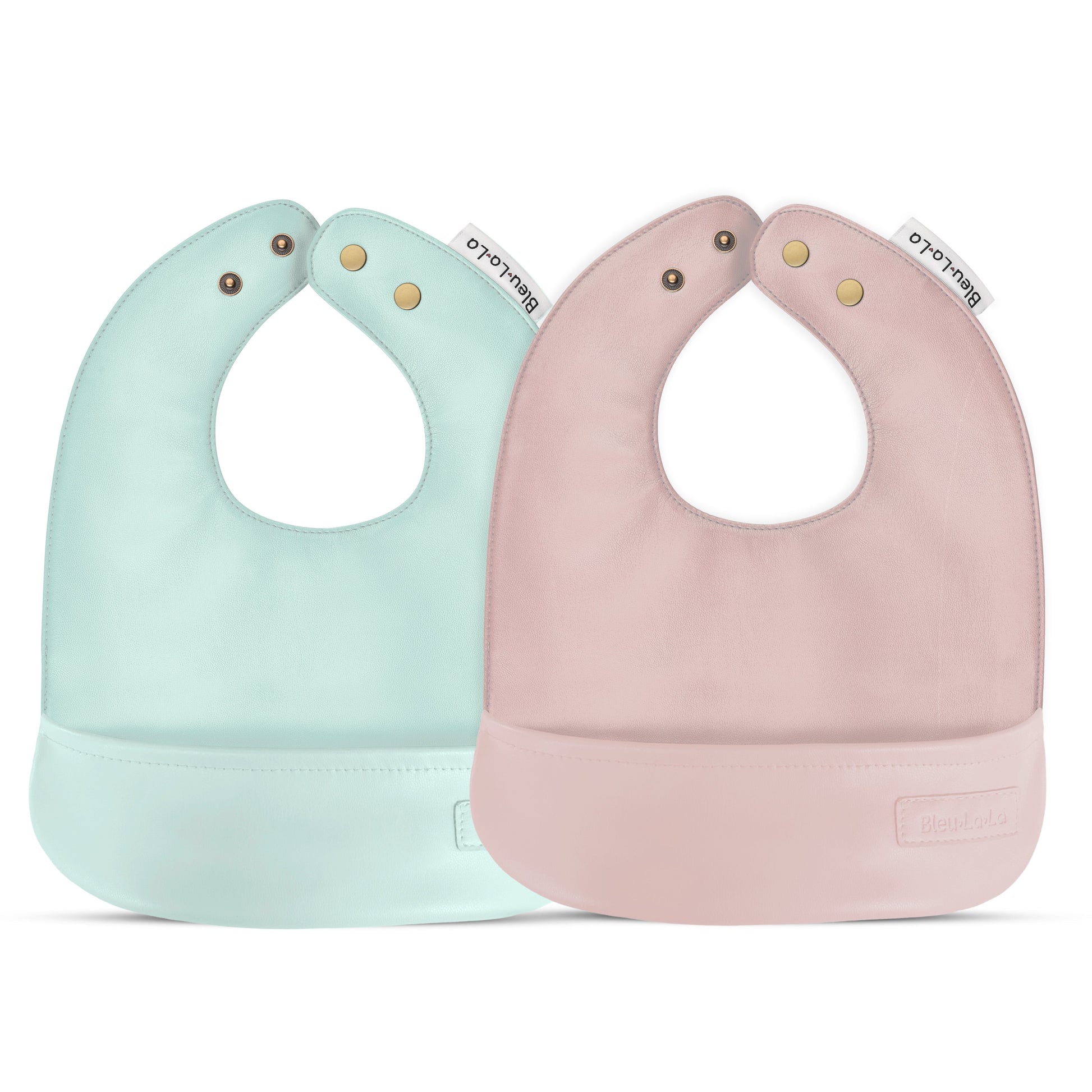 Classic set of soft vegan leather easy clean baby bibs with adjustable snaps one light blue and one pink