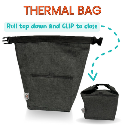 Gray thermal bag with roll top closure feature on a white background