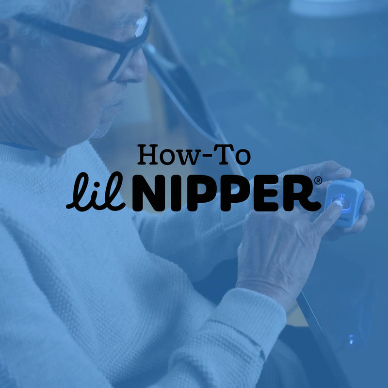 How-to guide for Lil Nipper electric nail clipper showing adult using blue device for safe fingernail trimming.