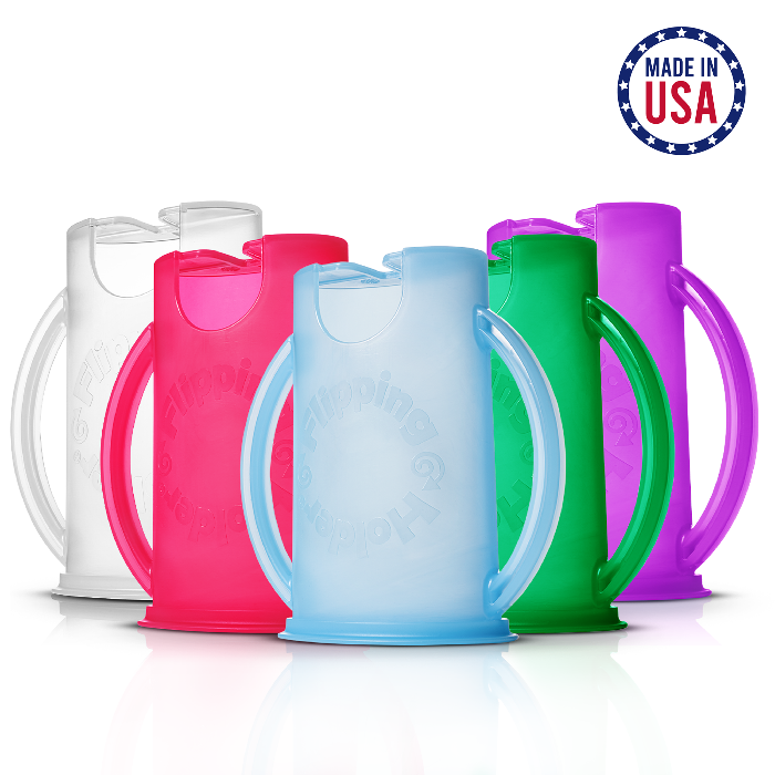 Set of colorful plastic cups with handles on a white background, featuring 'Made in USA' label.