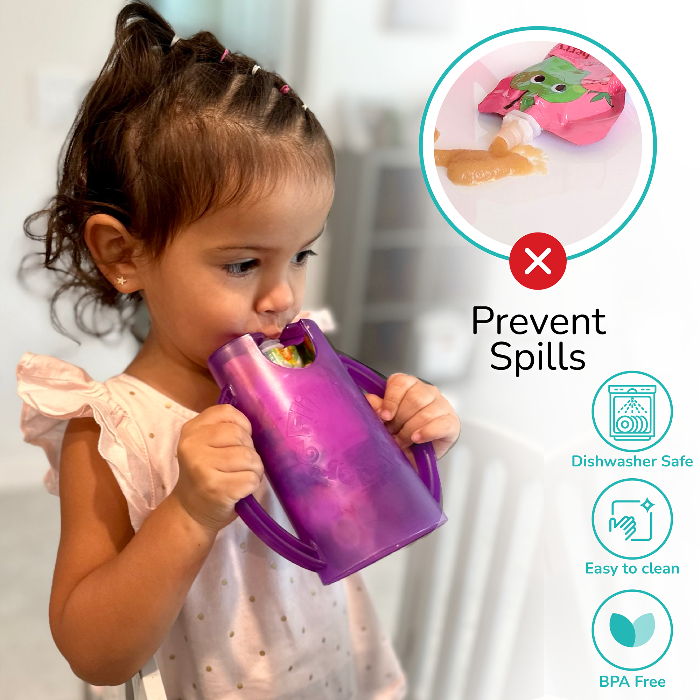 Child holding a purple cup with a focus on preventing spills, showing a close-up of a product with a red 'X' mark.