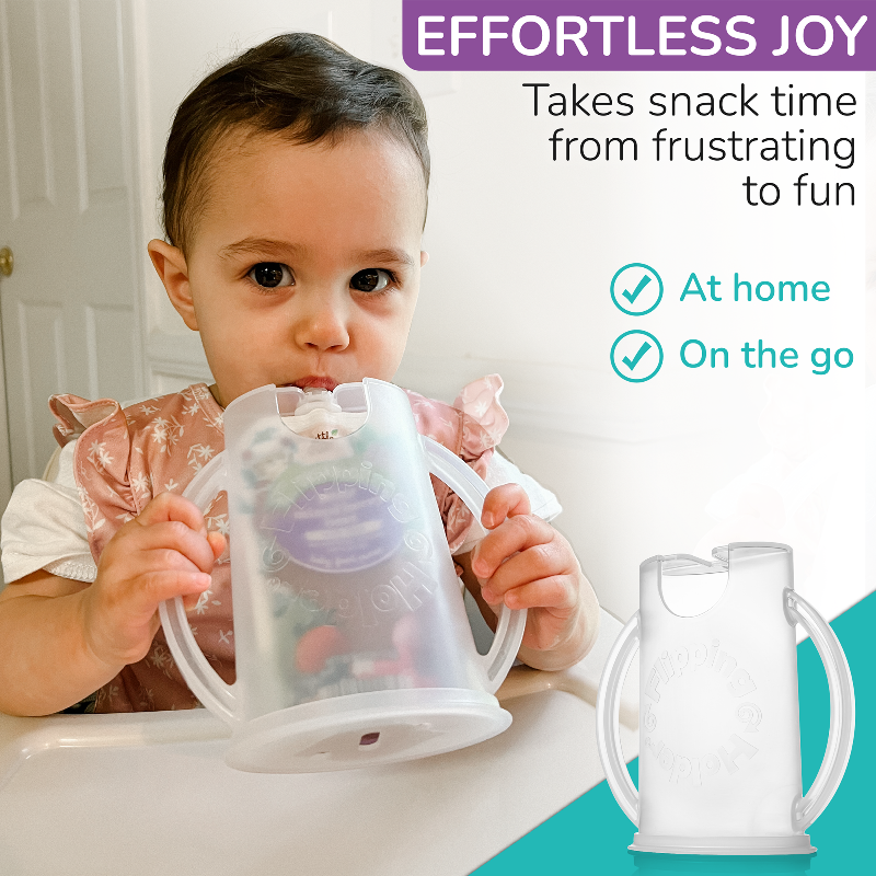 Child holding a clear flippy cup container with text about effortless joy and product features.
