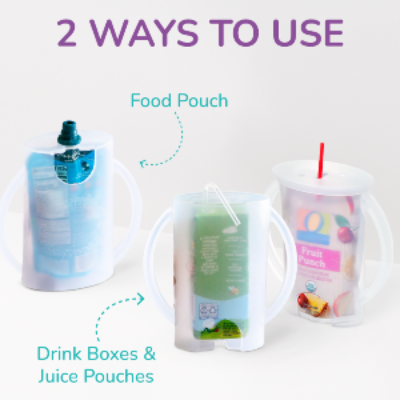 Two ways to use a food pouch, drink boxes, and juice pouches on a white background.