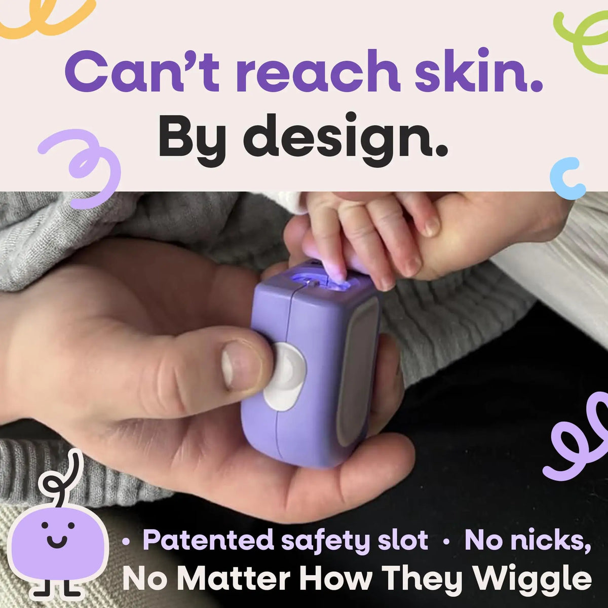 A close-up of a person holding a small lavender Lil Nipper device while a child touches the lit surface, with text reading Can't reach skin. By design.