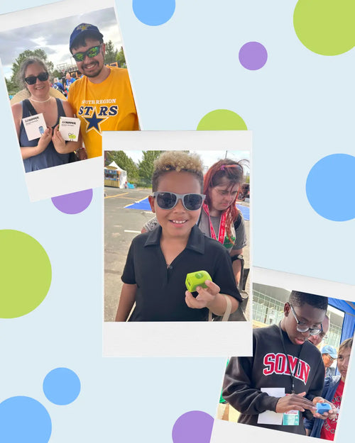 Collage of people with colorful polka dot border