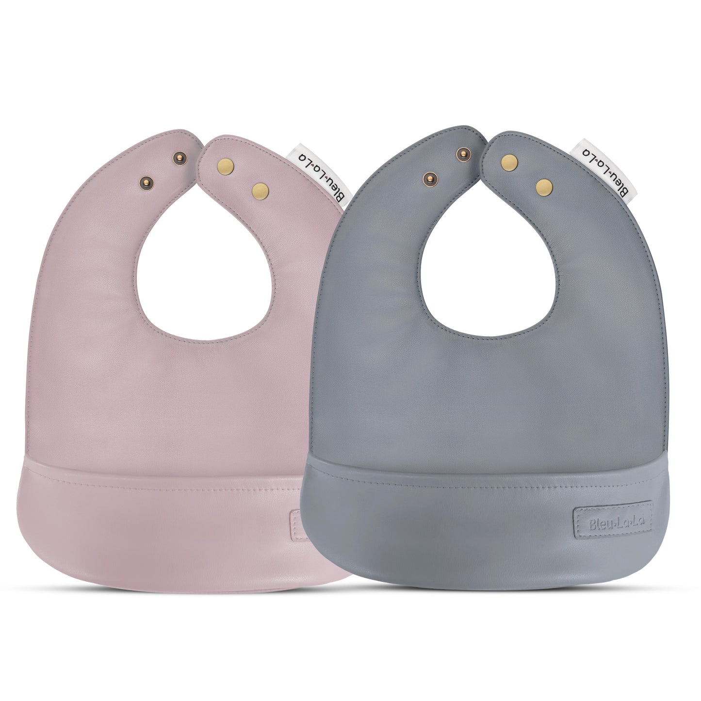 Two baby bibs, one pink and one gray, on a white background.