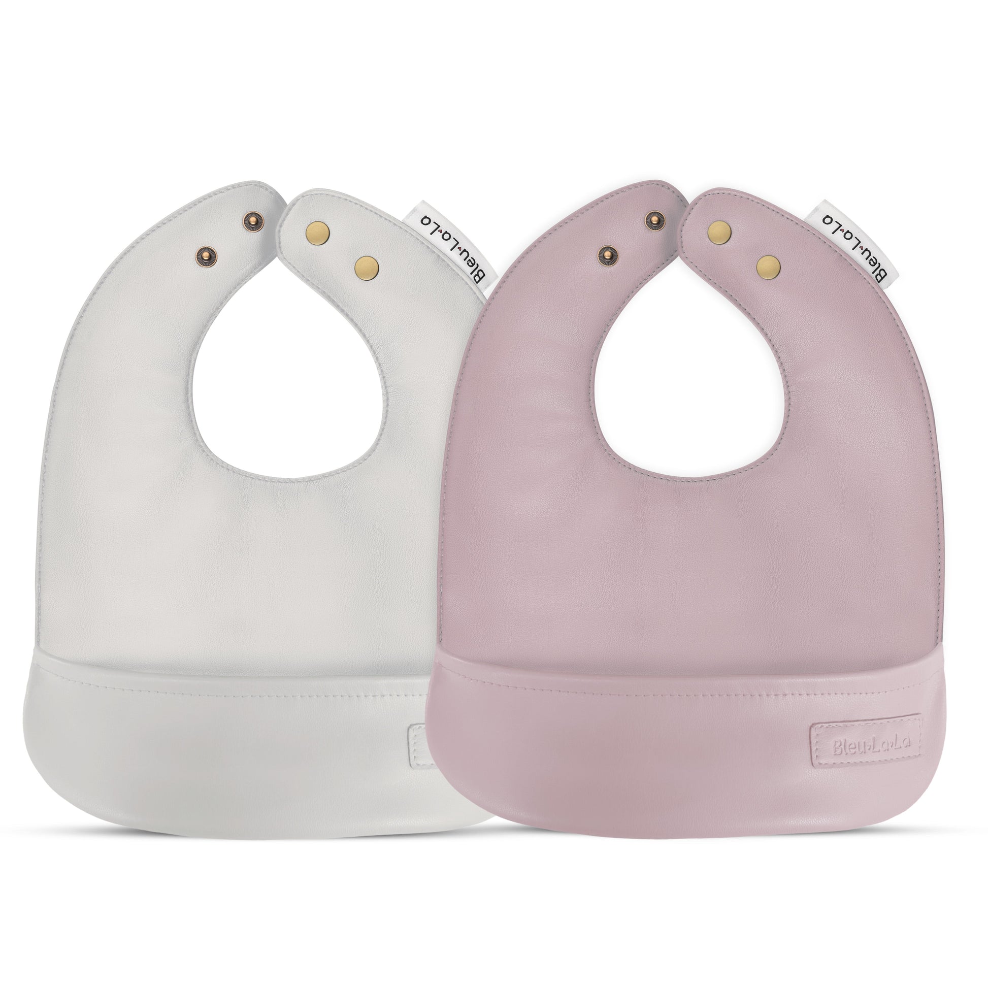 Two baby bibs, one white and one pink, with 'Blublu' branding on a white background.