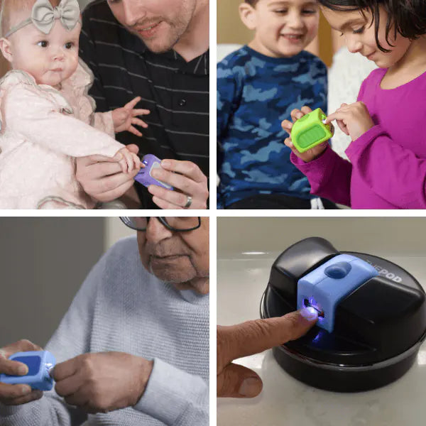 Four images of a Senior male, dad and baby, two school-aged kids and a senior female all using their Lil Nippers safely and with a smile.