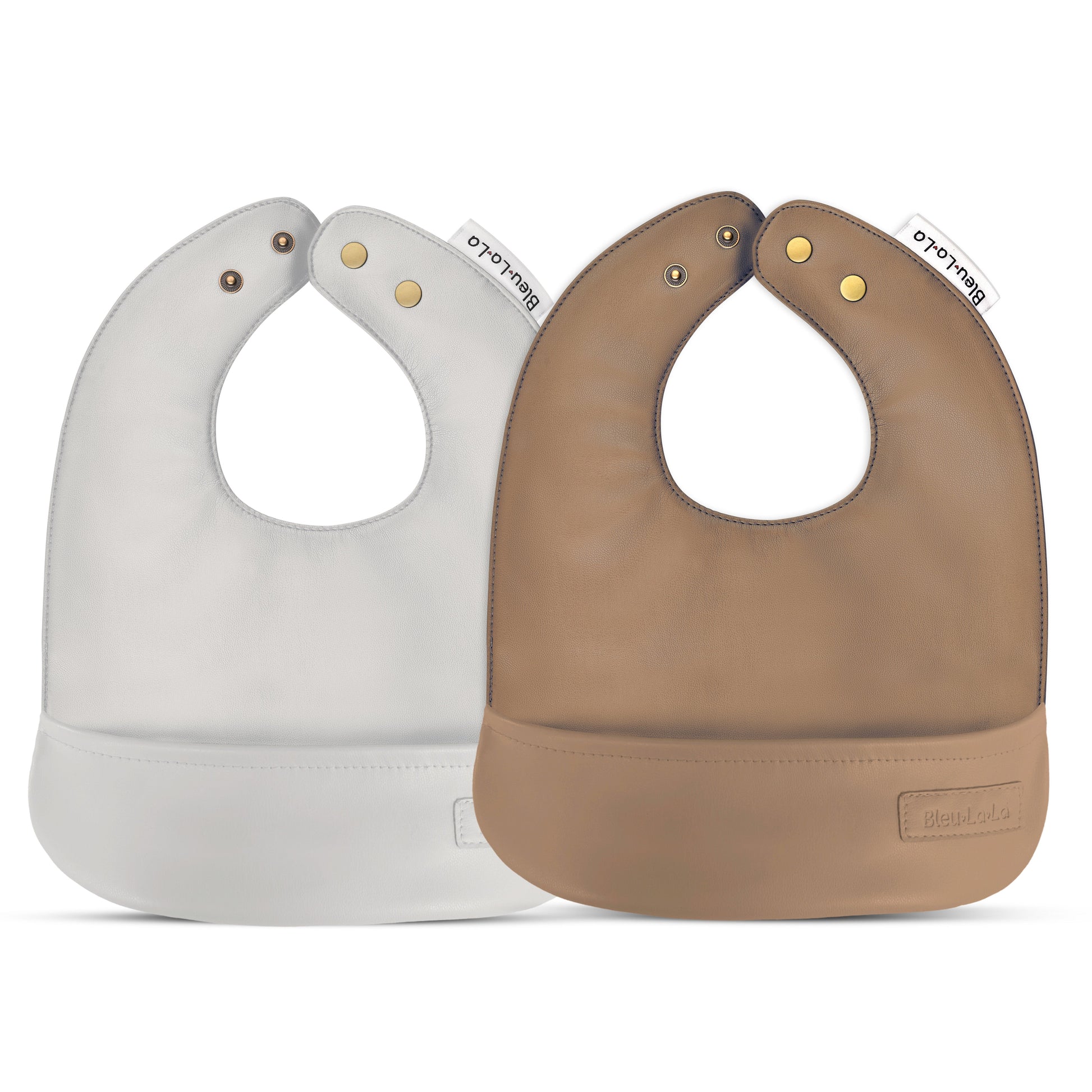 Classic set of soft vegan leather easy clean baby bibs with adjustable snaps