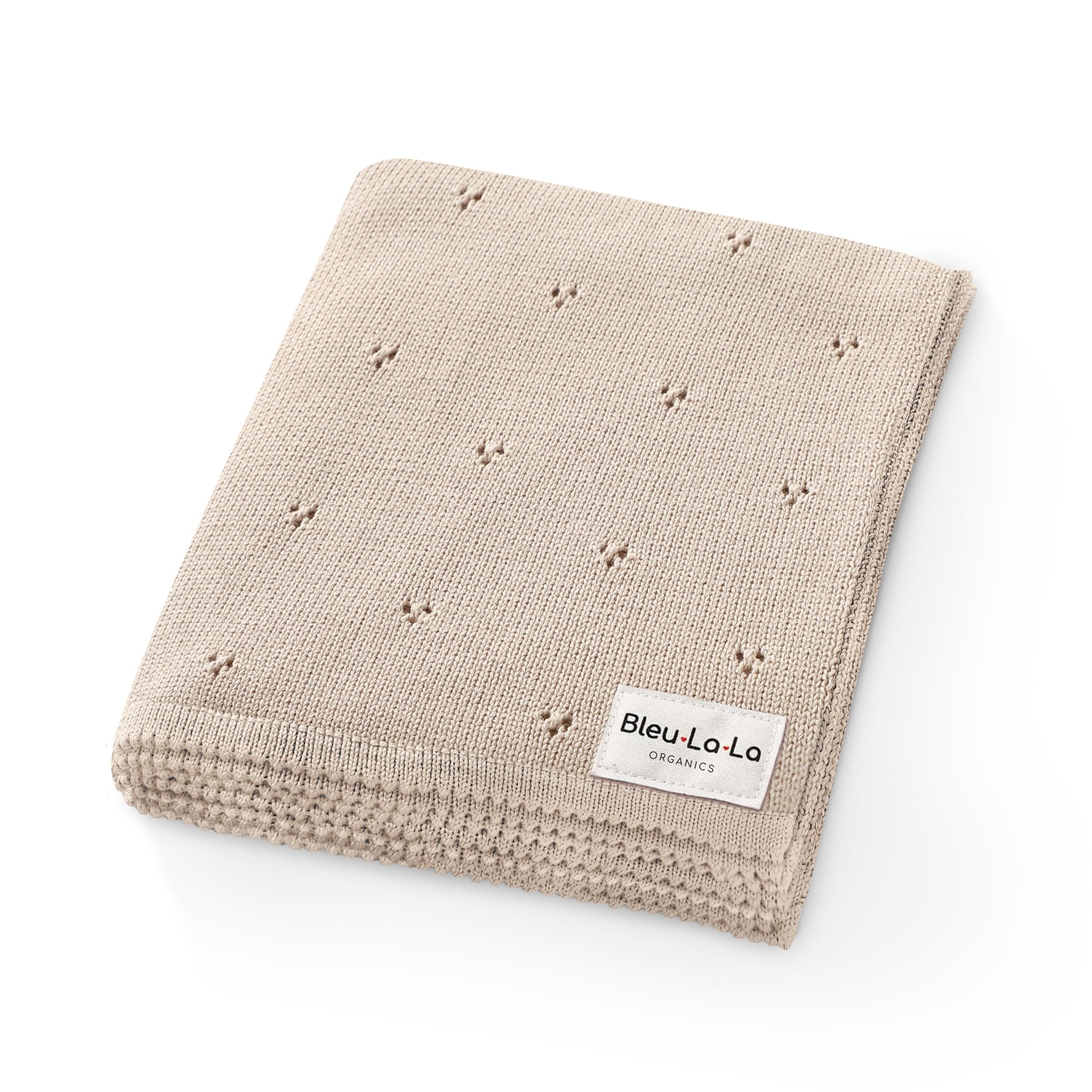 Beige baby blanket with 'Bleu La La' label on a white background